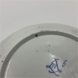 19th Sèvres style porcelain cup and saucer, the cup painted with a figural scene, against a scalloped border of scrolling floral swags on a blue ground, together with a Sèvres soft paste porcelain coffee can and saucer, painted with panels of exotic birds, roses and a border of cornflowers, LL monogram enclosing date letters H above painters mark, coffee can H6.5cm, saucer D13.5cm (2)