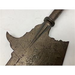 Moroccan jambiya dagger with 24.5cm plain curved blade stamped LONDON to the ricasso area, the hilt and scabbard overlaid with plain sheet brass to the back and ornate silver coloured metal to the front; waisted grip and arched pommel; two pyramid mounts to the scabbard L41cm overall; large billhook with curving blade and stacked leather washer grip; and a reproduction halberd blade (3)