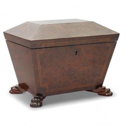 20th century amboyna tea caddy, of sarcophagus form, on paw feet, W22cm