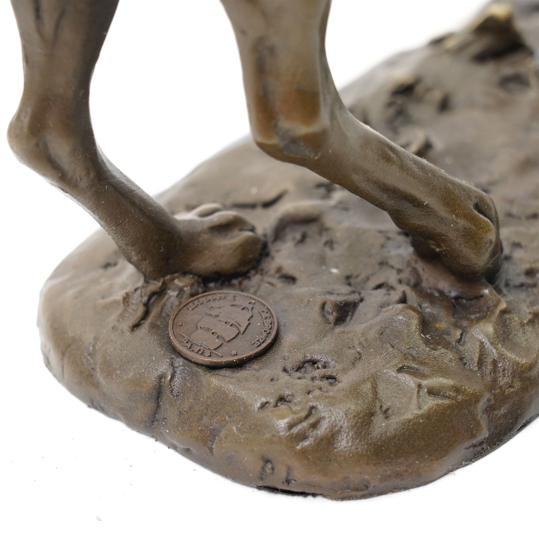 Bronze figure group, modelled as two male hares boxing, upon a naturalistic base, with foundry mark, H27cm