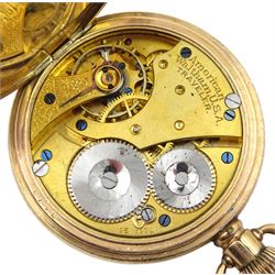Gold plated Waltham Traveler full hunter keyless lever pocket watch, No. 17654125, white enamel dial with Roman numerals, boxed