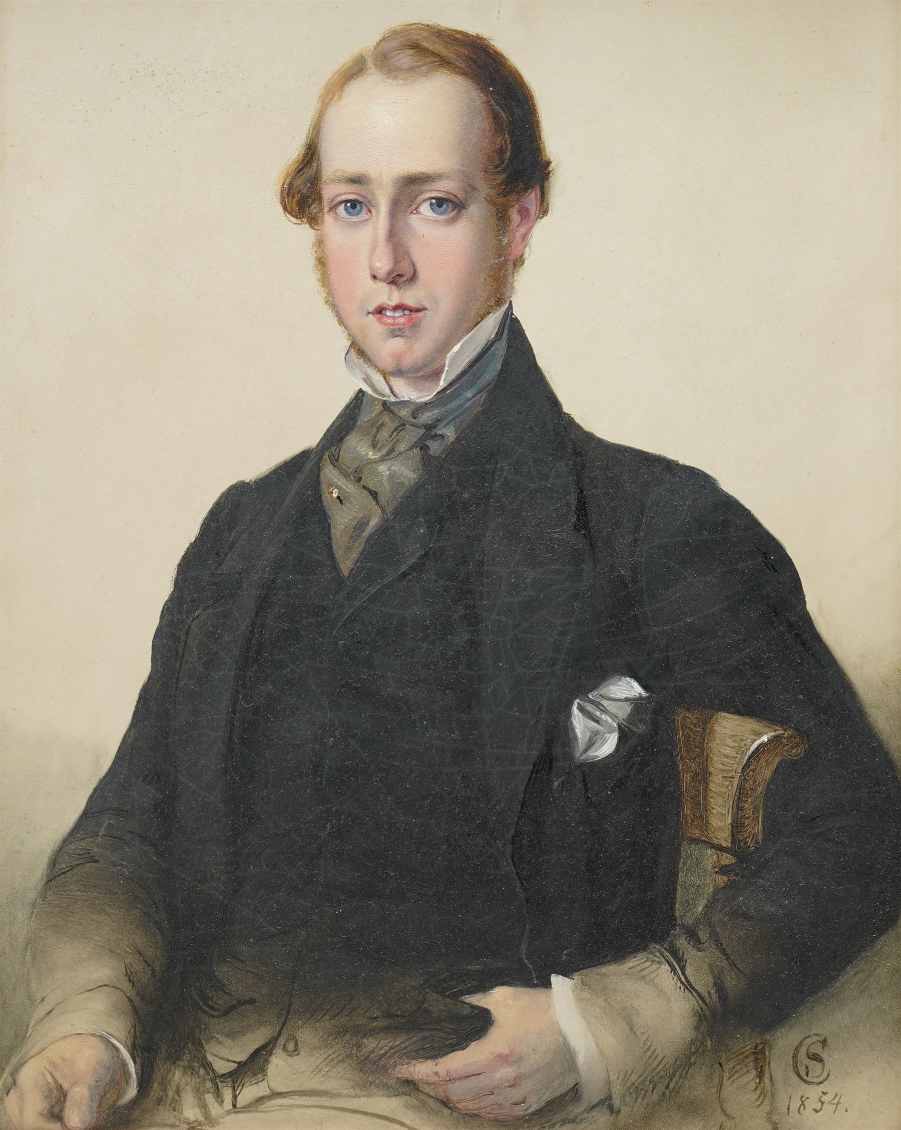 English School (20th century): Portrait of a Seated Victorian Gentleman, oil on board signed with monogram CS and dated 1854, 34cm x 27cm