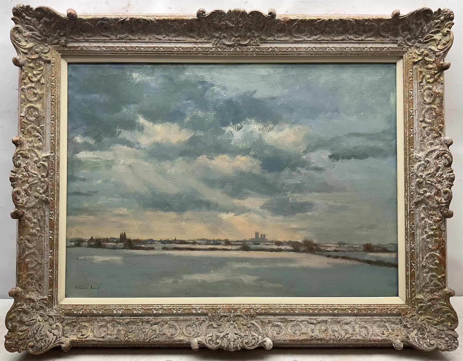 William Burns (British 1923-2010): 'Winter Landscape - Lincoln Cathedral in the Distance', oil on canvas signed, titled verso 50cm x 70cm 
Provenance: direct from the artist's family