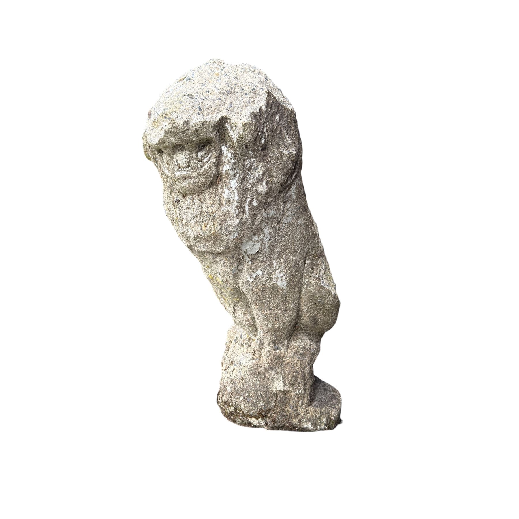 Four weathered cast stone lions in seated poses