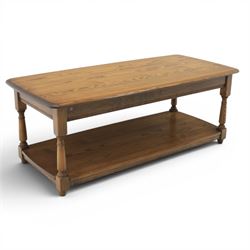 Ercol -  dark elm corner TV stand and coffee table, TV stand with drop triangular leaf, over open recess above a single drawer (H 47cm, D 44cm with leaf 79cm, W 73cm,  the coffee table with chamfered rectangular top with full length undertier, raised on turned supports (H 43cm, D 54cm, W 115cm) 
