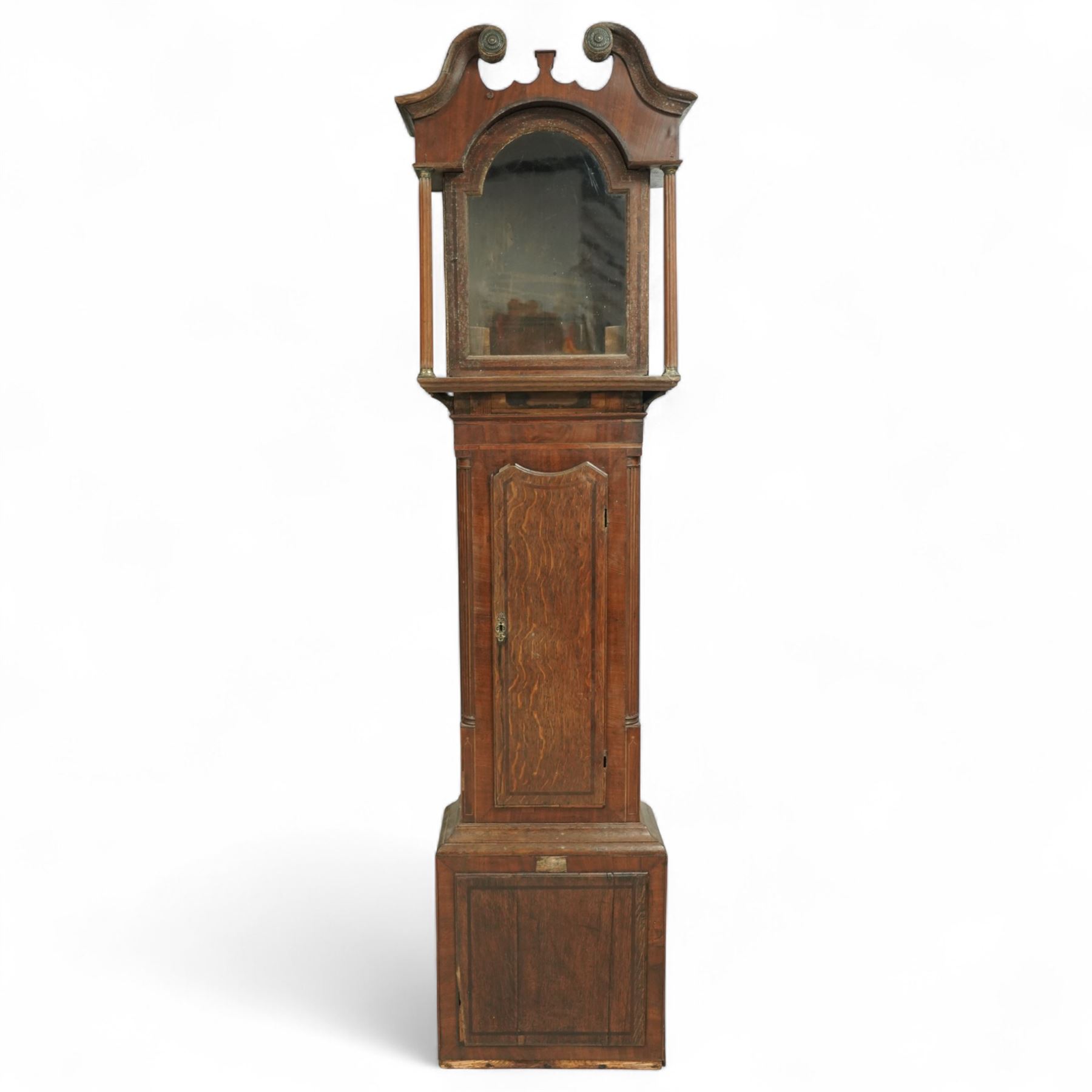 Three empty oak longcase clock cases-for restoration , parts, repair, and two 30hr chain driven movements with 12