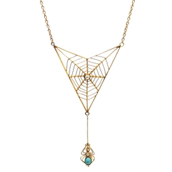  Murrle Bennett & Co Art Nouveau gold seed pearl and turquoise spider's web pendant necklace, c.1910 signed 'M.B.Co.' verso and stamped 9ct  
