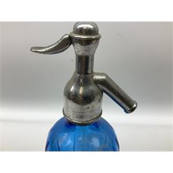 Robinson & Speight, Hull, soda siphon, blue glass body with etched logo together with Yard-of-Ale glass, siphon H32cm