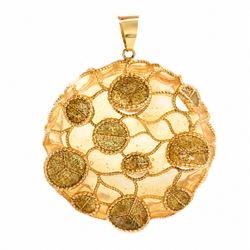 18ct gold plique-à-jour circular pendant, yellow and gold glitter plique-à-jour decoration...