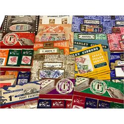 Collection of stamps including packets still mounted to the original shop cards, reading 'A Darracott Product Stamps 1d per pkt' etc, Countries include China, Spain, Argentina, Liberia, Denmark etc, in one box