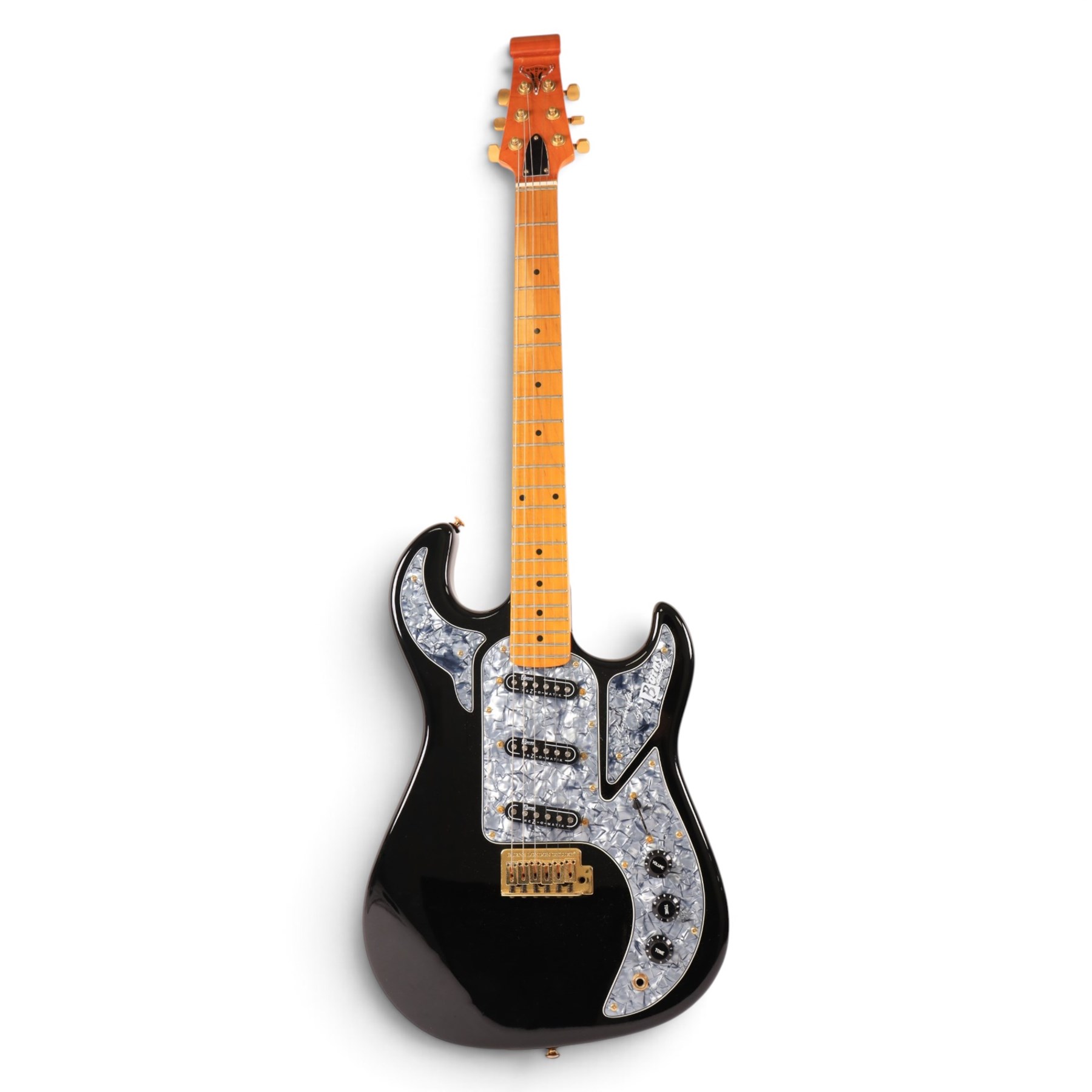 Burns Club Series Marquee electric guitar, serial no. 2070044, circa   early 2000s, black gloss body with marbled metallic blue scratch plate, in a Stagg soft case, guitar L99cm