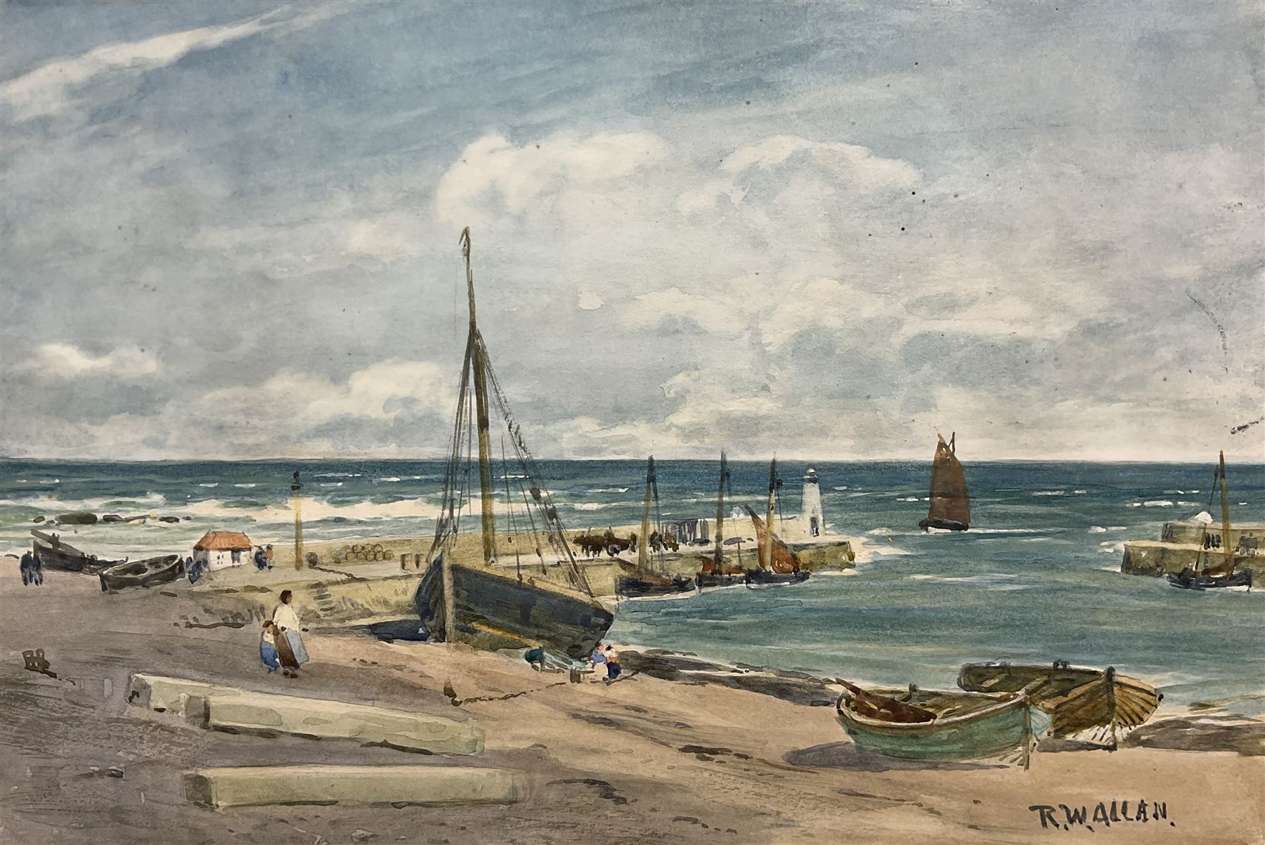Robert Weir Allan (Scottish 1852-1942): 'In from the North Sea' - Rosehearty Harbour, Aberdeenshire, watercolour signed, titled verso 18cm x 27cm (unframed)