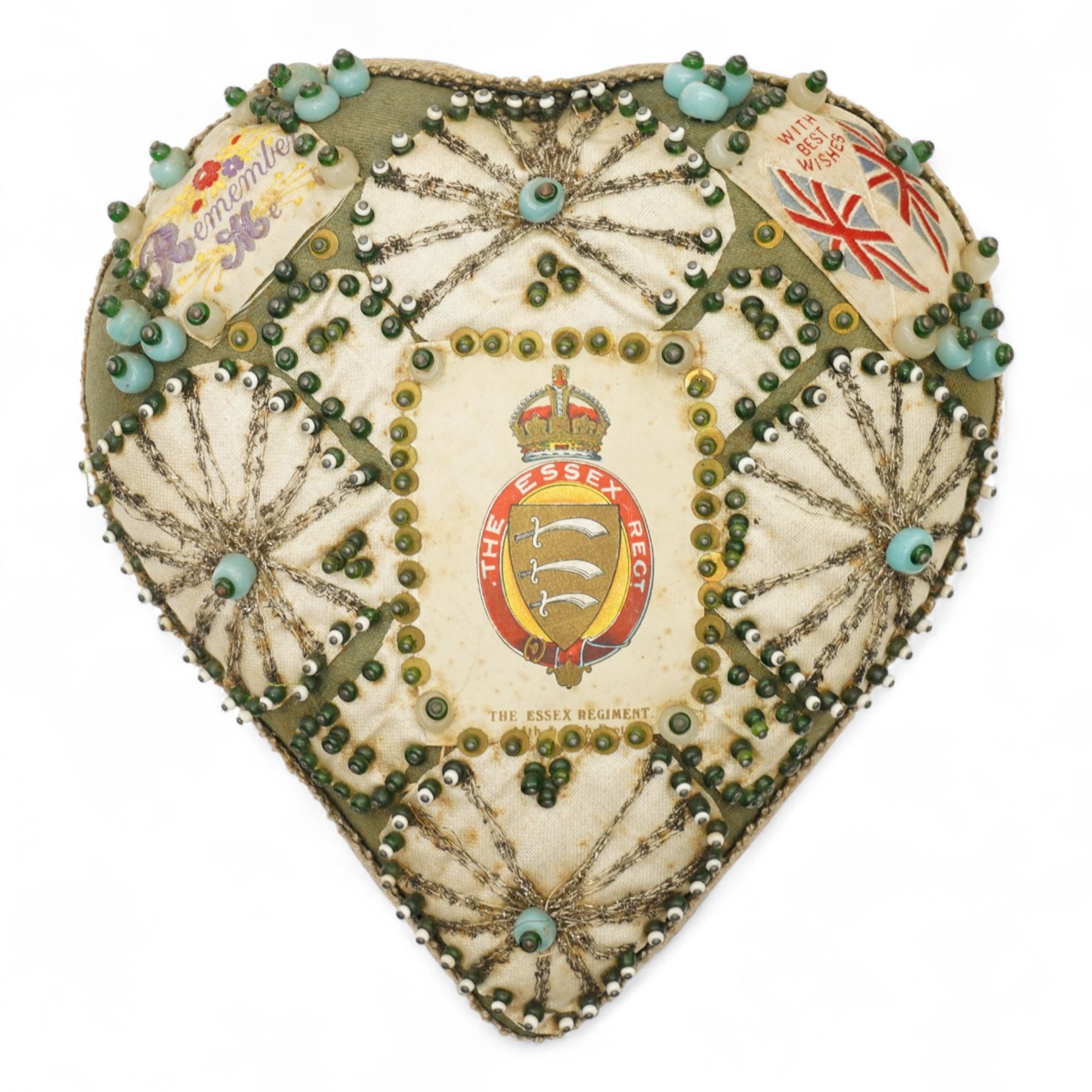 Victorian sweetheart pin cushion in the form of a star 'Forget Me Not, from Warley Barracks' 1889, a WWI heart shape cushion 'Essex Regiment' and another 'Royal Sussex Regiment' (3)