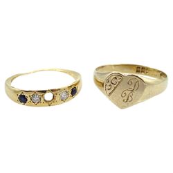 18ct gold diamond and blue stone set ring, 9ct gold heart signet ring and a MuDu ladies 18ct gold wristwatch, hallmarked, on gilt strap