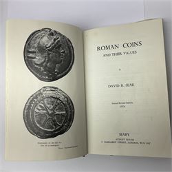 Roman Imperial Coinage, approximately eighty predominately late 3rd to early 4th century bronze and copper-alloy coins to include Faustina Senior, Constantine the Great, Constantine II, Maximinus II, along with reference book by David R. Sear, 1974, Roman Coins and Their Values, and two loupes