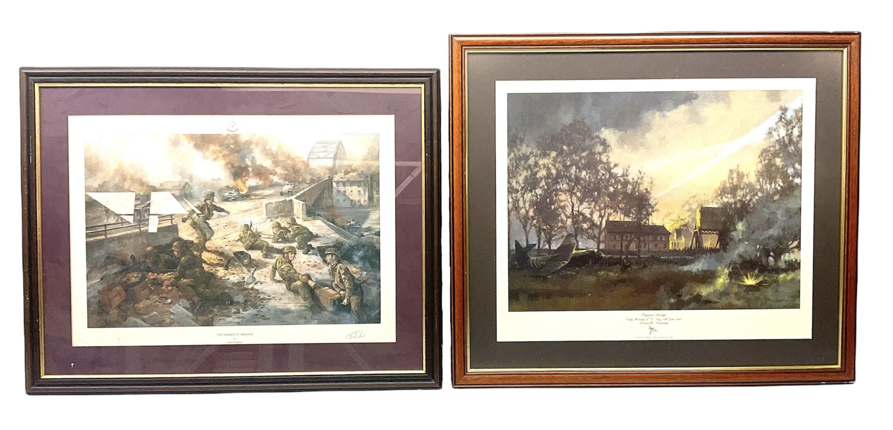 After Alan Fernley, colour print 'The Bridge at Arnhem', signed on the mount, 37 x 50cm; and after John Sellars, colour print 'Pegasus Bridge. Early Morning of D-Day 6th June 1944 Benouville Normandy'; both in mahogany stained frames (2)