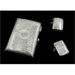  Silver cigarette case, bright cut decoration, Martin Hall & Co Ltd, Birmingham 1913, two silver vesta cases hallmarked, approx 7.5oz  