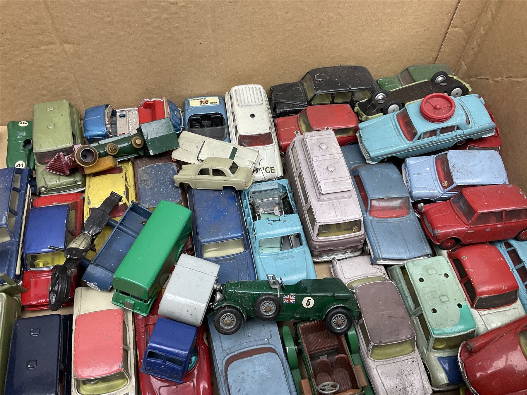 Corgi - over forty unboxed and playworn die-cast models including Simon Snorkel, Big Bedford Tractor Unit, Carrimore Mk.IV Transporter, Jeep FC-150,  Land Rover with pony trailer, James Bond Aston Martin DB5 etc; and quantity of other die-cast models by Lesney etc