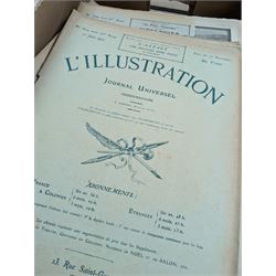 Collection of French L'Illustration Journal Universel magazines, a modern postcard album and The Leisure Hour