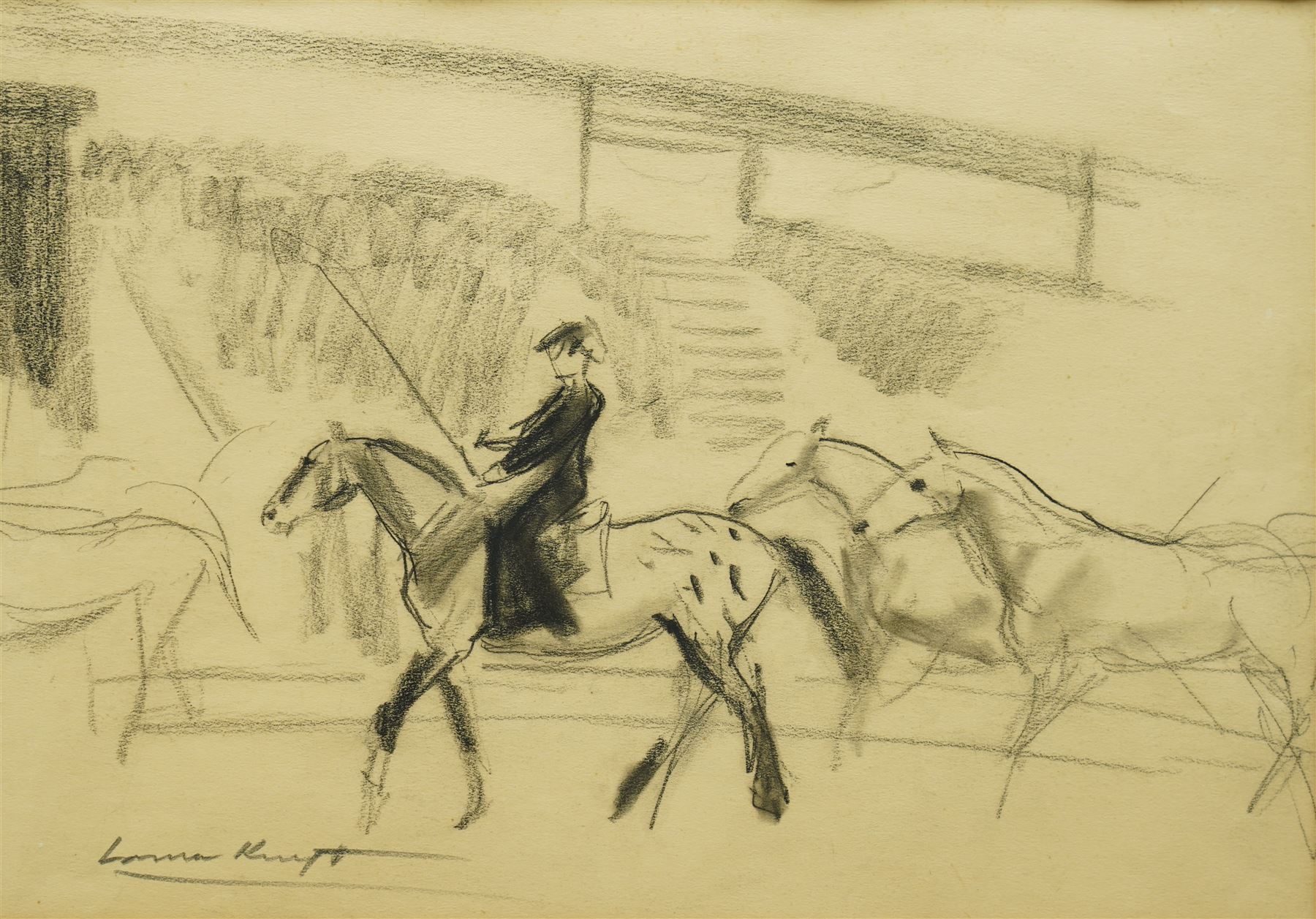 Dame Laura Knight (Staithes Group 1877-1970): 'Circus Rider and Horses', charcoal signed, titled on Peter Haworth label verso 25cm x 36cm 