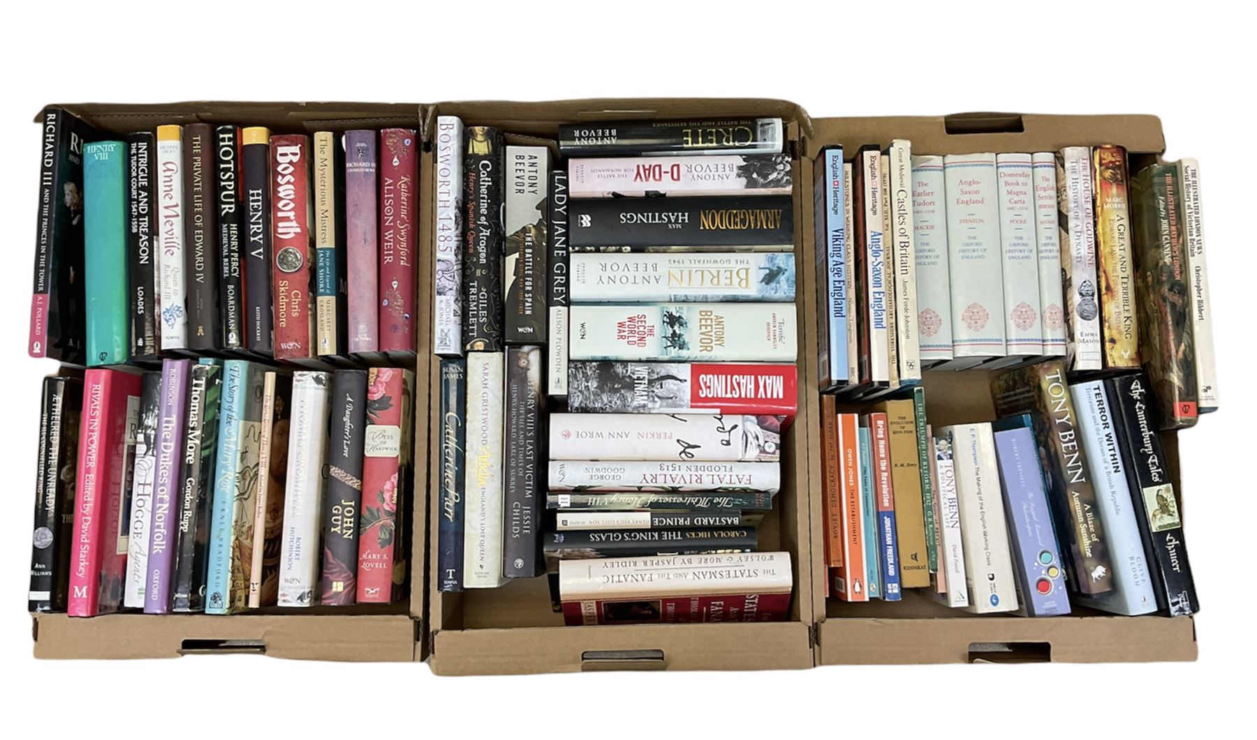 Collection of various history books to include world wars, tudors, vikings, anglo saxons and a number of political books, three boxes  