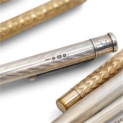 Propelling pen/pencil in gilt metal embossed case, Yard o Lette silver pencil,  silver bridge marker, two other silver pencils and two rolled gold pencils