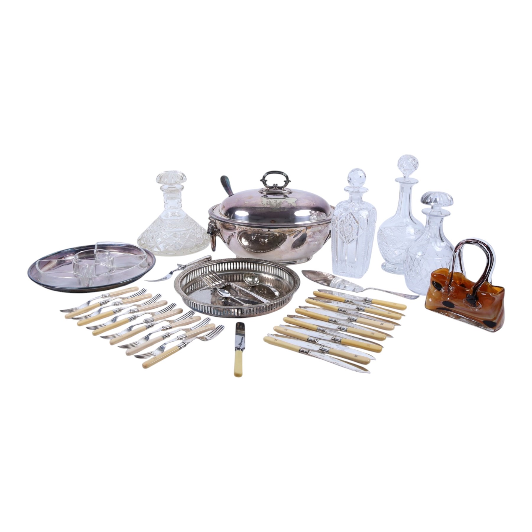 Walker and Hall silver plated soup tureen, together with four glass decanters and other collectables 