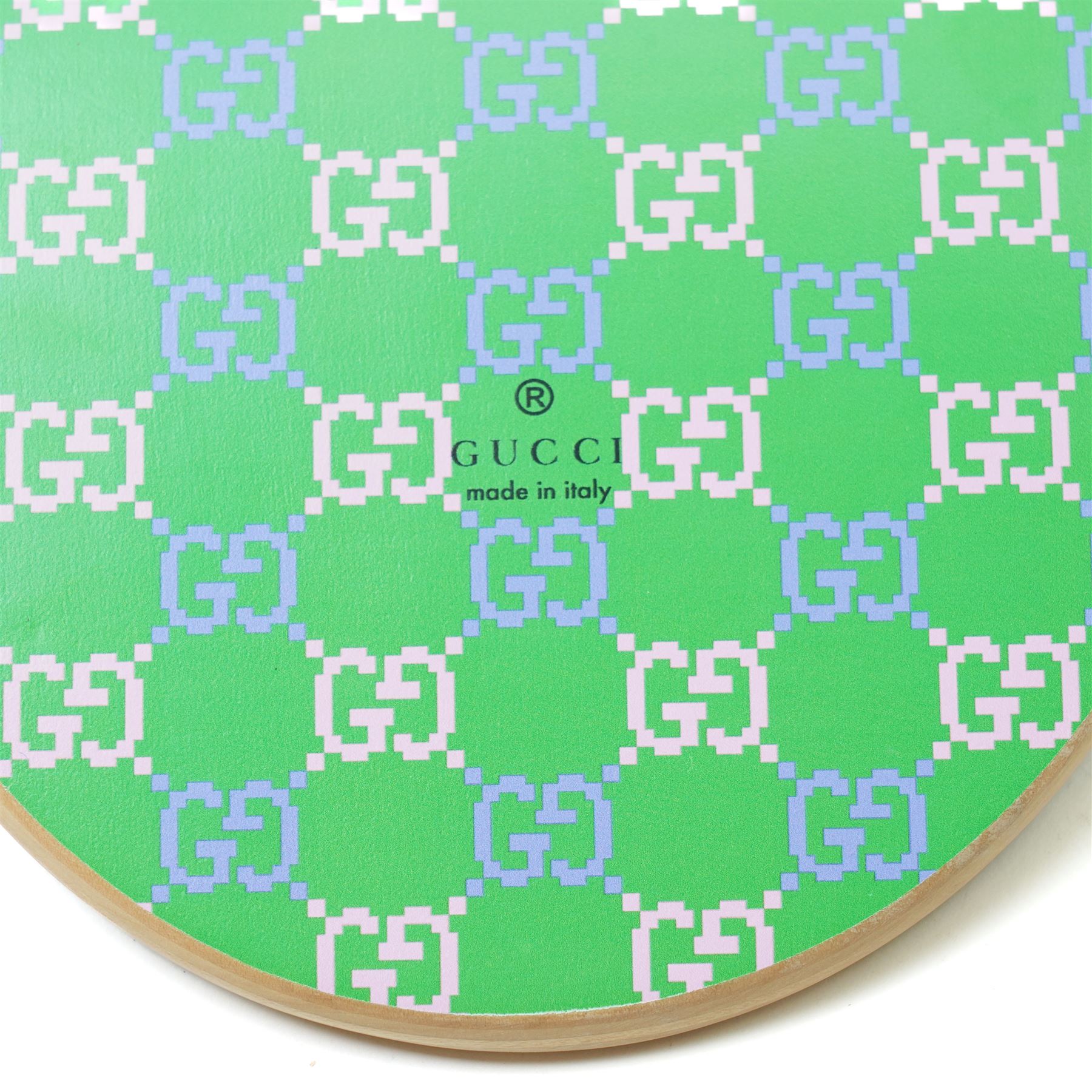 Gucci x Palace skateboard, Spring/Summer 2021, green GG monogram wood deck with multicolour ‘AH AH AH! GUCCI’ lettering and cartoon character mascot motif, fitted with Gucci-branded metal trucks and red and cream wheels, model no. 689103 JCGMN, presented with original GG monogram drawstring dust bag, protective sleeve, outer box and accompanying cards, Skateboard L81cm W20cm
