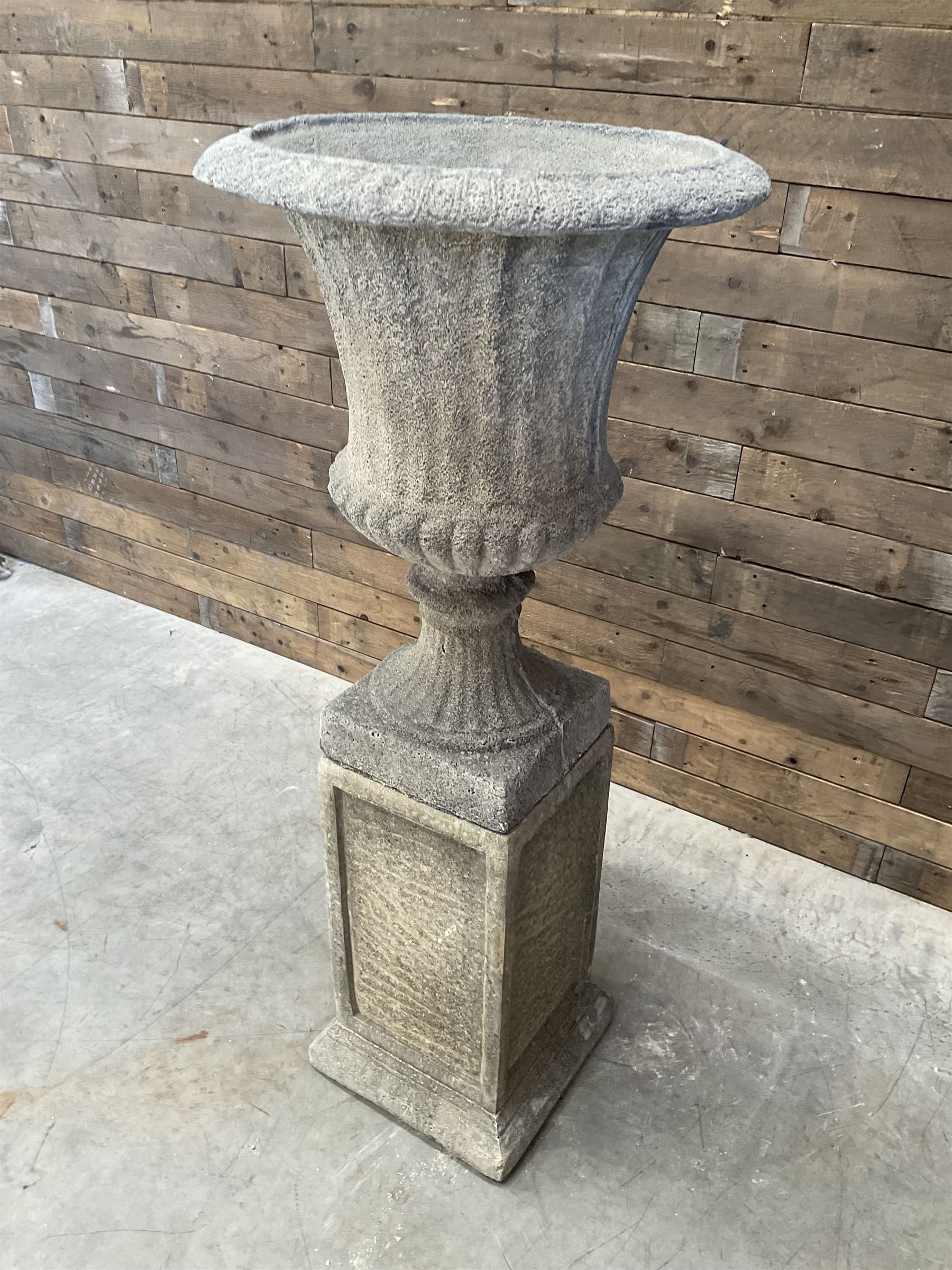 Large Georgian design cast stone garden centre-piece urn, egg and dart border, tapering column on square base, raised on square column