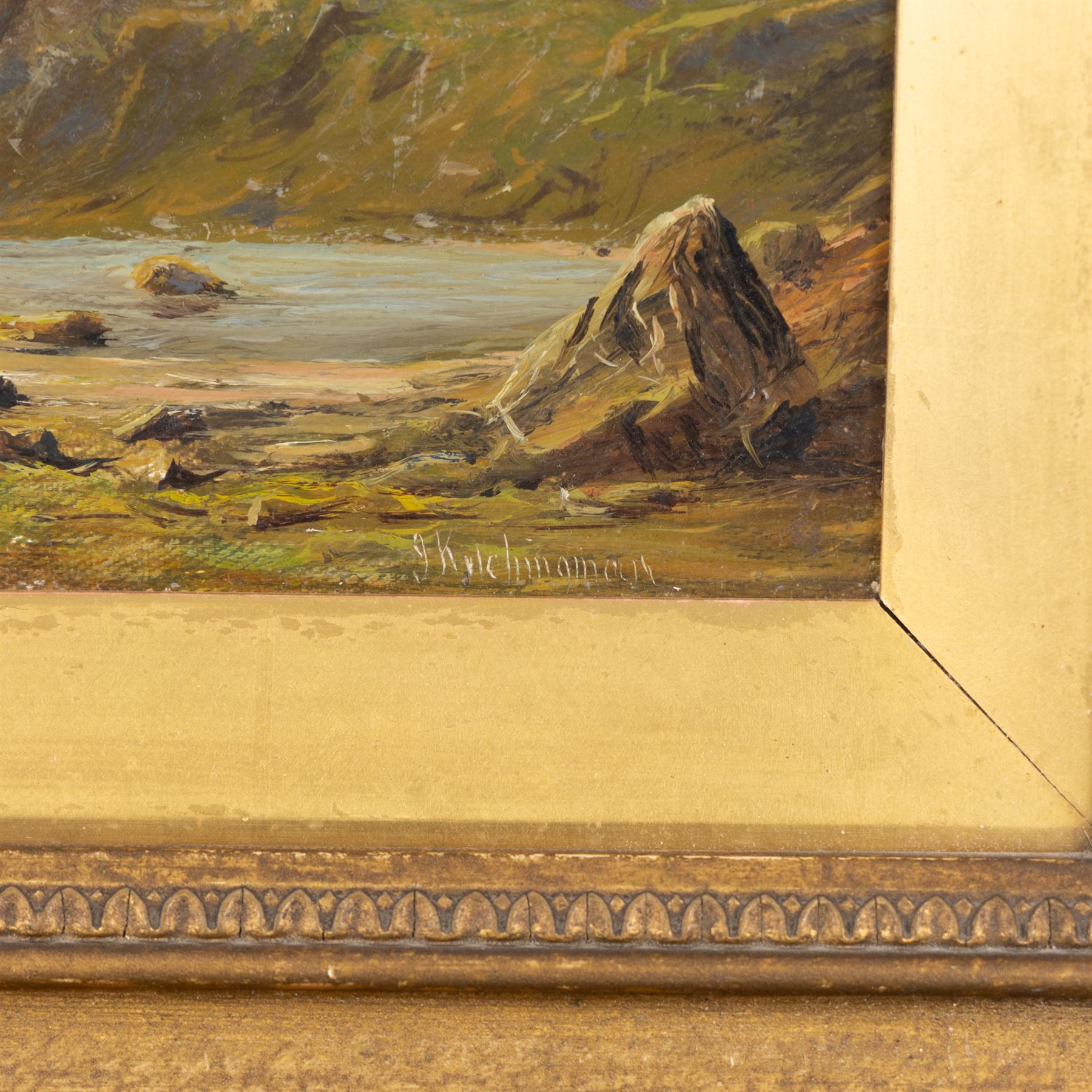 Joseph Kitchingman (British 1841-1915): 'Head of the Tarn - Wetherlam Cumberland', oil on canvas laid on panel signed, with original title label verso 16cm x 24cm 