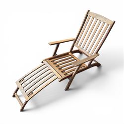 Pair of teak folding steamer chairs, with slatted backs, seats and extending footrests, adjustable recline.