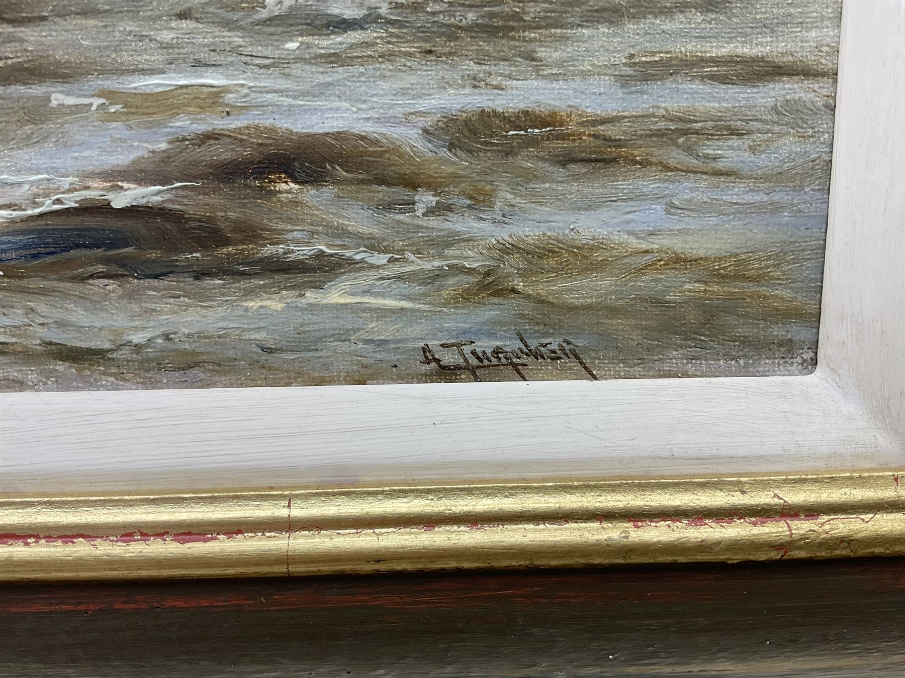 A Turner (British 19th century): Steam Tug Pulling a Two Masted Ship, oil on canvas signed 30cm x 60cm