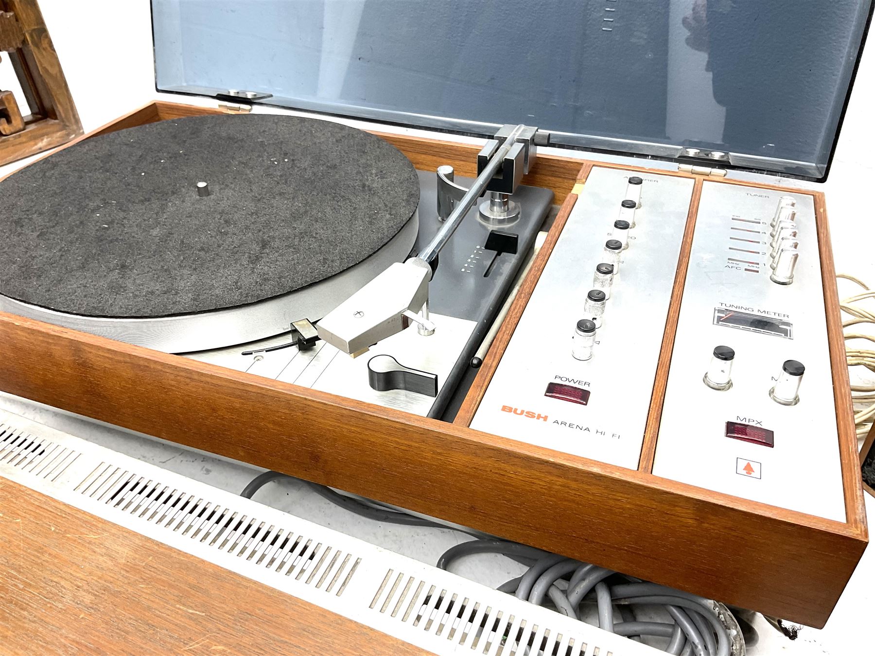 BUSH 'Arena' stereo system, in teak casing - two speakers, radio receiver TA2800, tuner amp TA2700, turntable with amp and tuner RTA 2000 - all untested