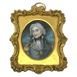 19th century oval painted portrait miniature upon ivory, depicting head and shoulder portrait of Admiral Lord Nelson, within rectangular ormolu frame with scroll surround, miniature H7cm, frame H12cm. 