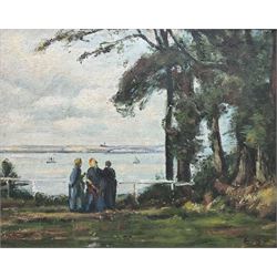 Edward Bishop (British 1902-1997): Figures by a Lake, oil on board signed with initials 40cm x 50cm