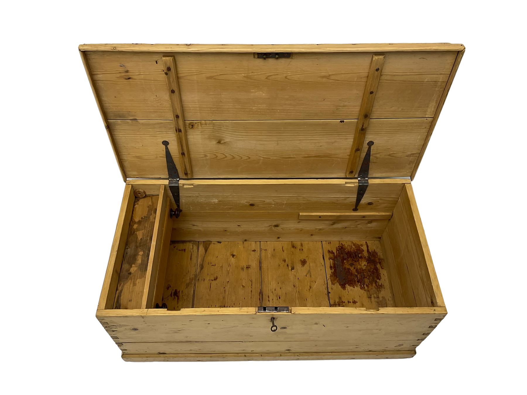 Victorian pine blanket box, hinged lid, with metal carrying handles