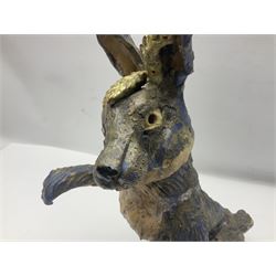 Studio pottery novelty jar and cover modelled as a hare raised upon its back legs, by Chris Attlesey, H38cm 