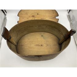 19th century Scandinavian Svepask / Tine box, the pine oval form body with notched posts and conforming lid decorated with Folk Art style pokerwork decoration and single carry handle, L38cm