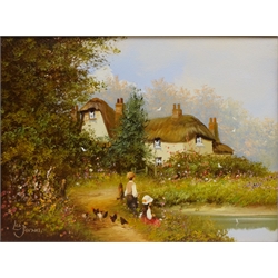  Children Fishing and Feeding Hens, two oils on canvas signed by Les Parson (British 1945-) 30cm x 40cm (2)   