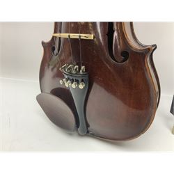 German trade violin in the Steiner style c1900 with 35.5cm two-piece maple back and ribs and spruce top L59cm overall; in fitted carrying case with two bows; and a Saxony violin with 35.5cm one-piece maple back and ribs and spruce top L58.5cm overall (2)