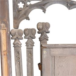 Architectural Salvage - Quantity of 19th century oak church panels including gilt decorated statue stand, carved fret work rails, confessional door with carved uprights etc
Notes: Removed in the 19th century from the church in the grounds of a private Yorkshire estate 
Provenance: property of a Nobleman