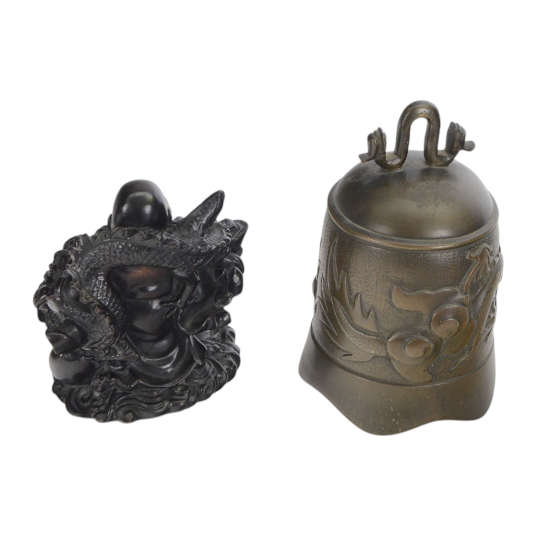 Chinese temple bell, brass bell decorated in relief with dragon on a carved hardwood stand, together with a cast resin figure of Buddha and two carved wooden figures, bell stand H47cm