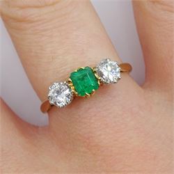 Early 20th century gold three stone old cut diamond and emerald ring, stamped 18ct Plat, the inside initialled and dated 24.7.32, total diamond weight approx 0.40 carat 