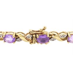 9ct gold amethyst and diamond bracelet, fifteen oval cut amethysts each spaced by two diamond chips in a crossover marquise setting, hallmarked