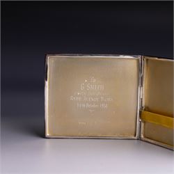 Mid 20th century silver cigarette case, with engine turned decoration and engraved initials to cover, with presentation engraving to the interior, hallmarked Harman Brothers, Birmingham 1947, H8.5cm, W9.5cm