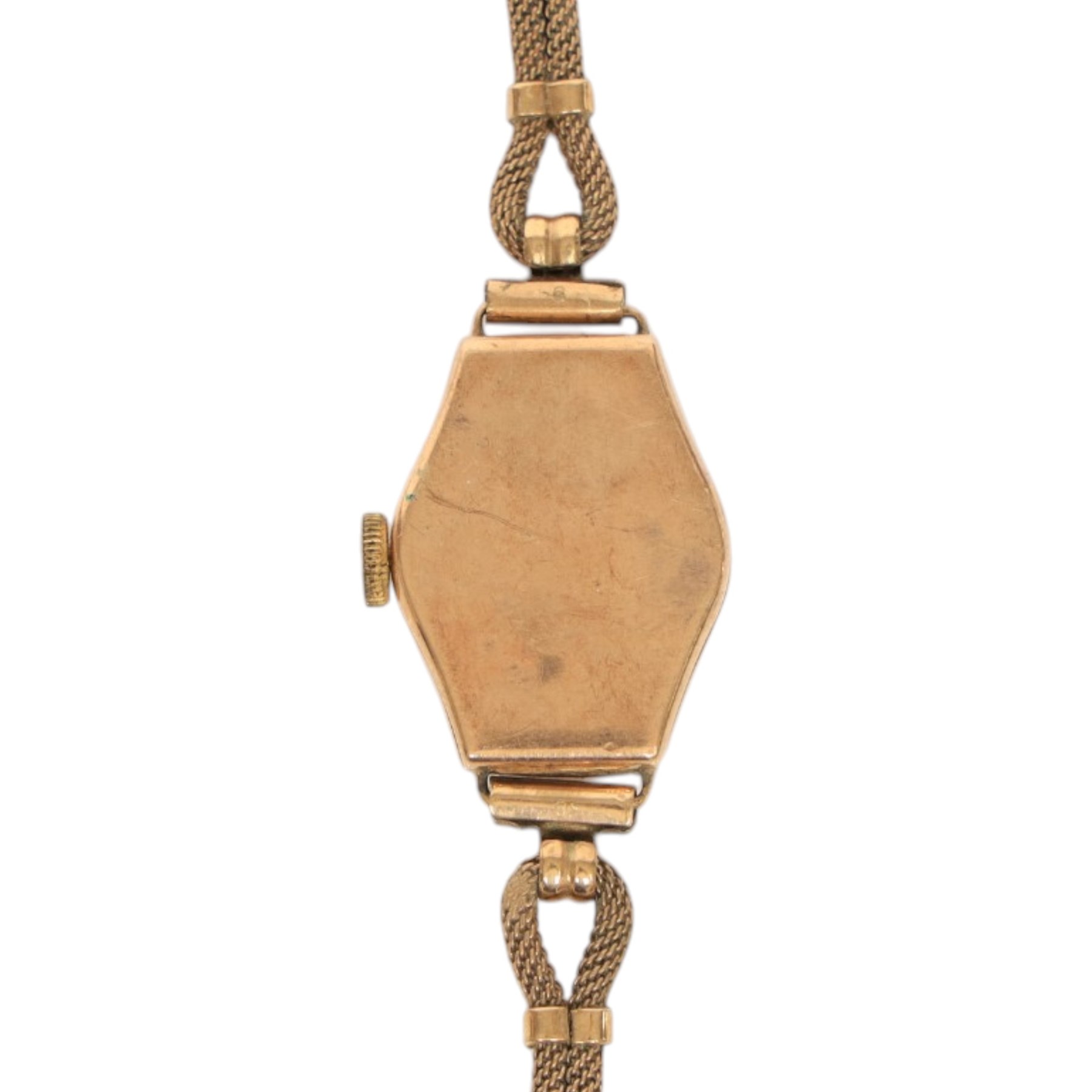 Collection of 9ct gold wristwatch cases, three with movements, one with 9ct gold bracelet strap