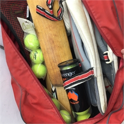  Hunts County Cricket bat, various pads, gloves and balls, G&M and Fearnley bats, Riley Jimmy White and Concept Snooker cues, Grays Tennis racquet and balls,    