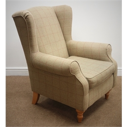  Next 'Sherlock' wingback arm chair upholstered in red check fabric on turned legs, W85cm  