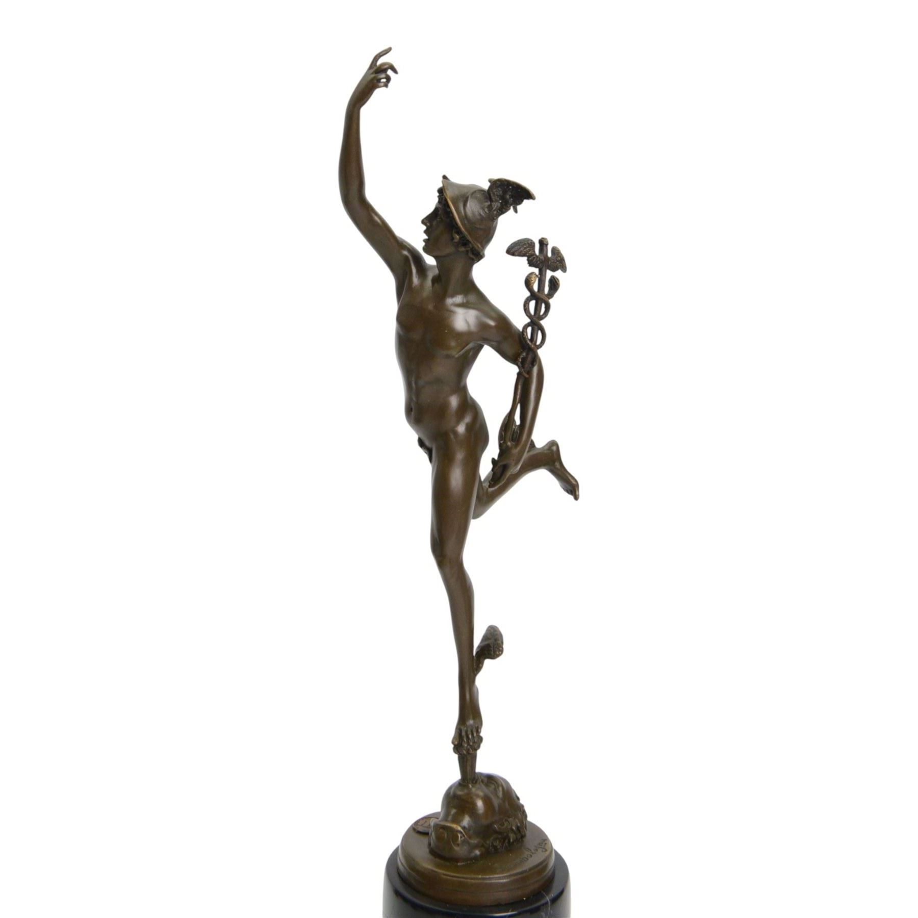After Giambologna (Flemish 1529-1608): Bronze figure of Mercury holding a caduceus, on black marble base H43cm