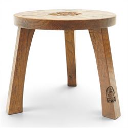 Gnomeman - circular adzed oak stool with carved Yorkshire Rose top, raised on three shaped supports carved with gnome signature, by Thomas Whittaker, Littlebeck, Whitby